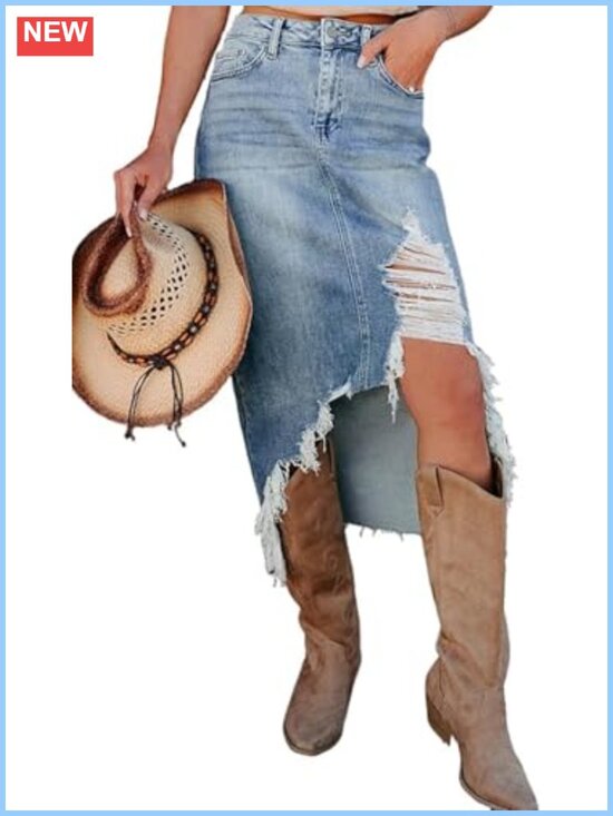 Dresses & Skirts - Ripped Distressed Stretch Denim Maxi Skirt High Low Hem Bodycon